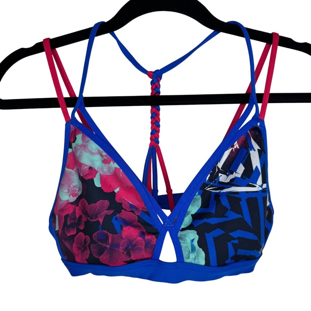 Reebok Strappy Sexy Cut Out Play‎ Dry Sports Bra Floral Print Blue Red Size S